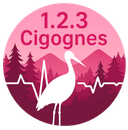 Logo 1 2 3 Cigognes — cigogne blanche devant un paysage de montagne en teintes roses
