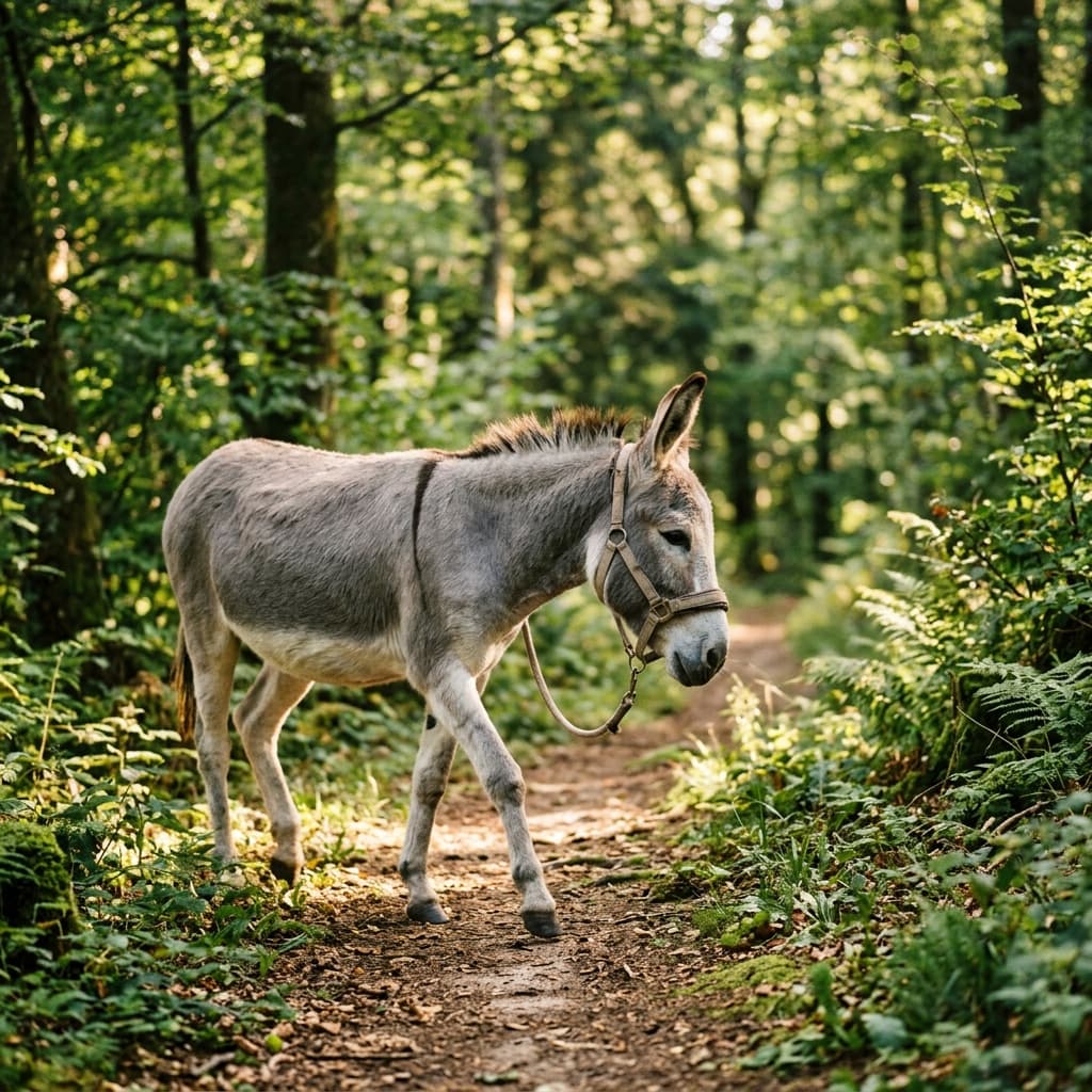 Un âne paisible sur un sentier forestier