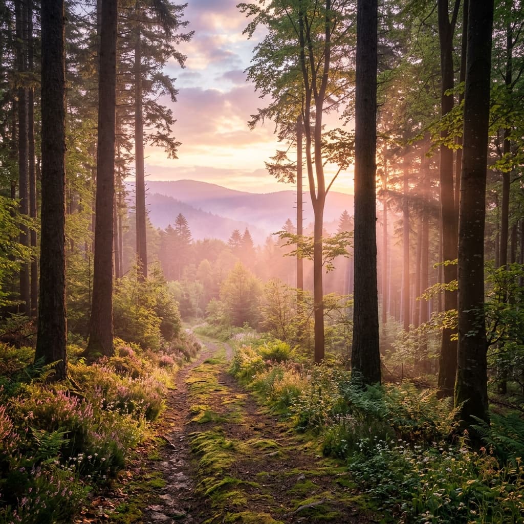 Sentier forestier vosgien baigné de lumière dorée
